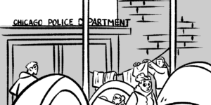 Una ilustración de una persona pasa por un campamento de migrantes a la comisaría de Chicago Police Department. El título se lee